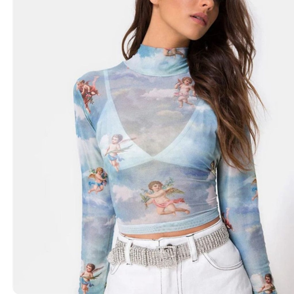 Women's Angel Sky Cloud Blue & White Mesh Long Sleeve Tee S Celestial